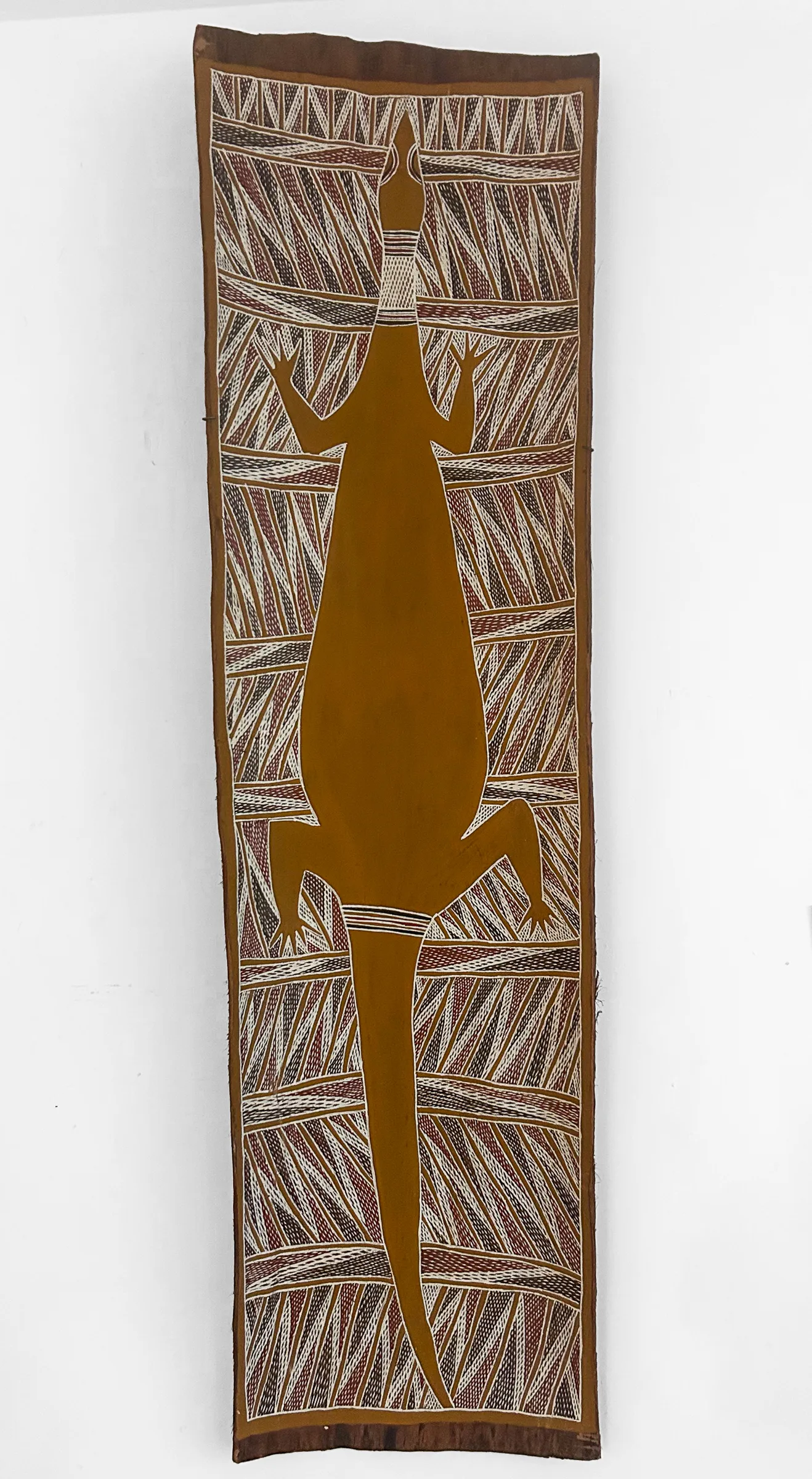 Banambuna Burarrwana, Djanda, 1999, natural earth pigments on bark, 145 x 40 cm