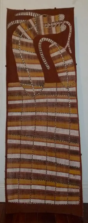 Paul Nabulumo Namarinjmak, Rainbow Serpent, 2000, natural earth pigments on bark, 178 x 87cm