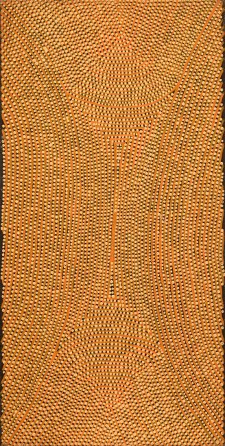 Raymond Maxwell Tjampitjinpa, Designs associated with Kaakuratintja Lake McDonald, 2007, synthetic polymer paint on linen, 91 x 46 cm
