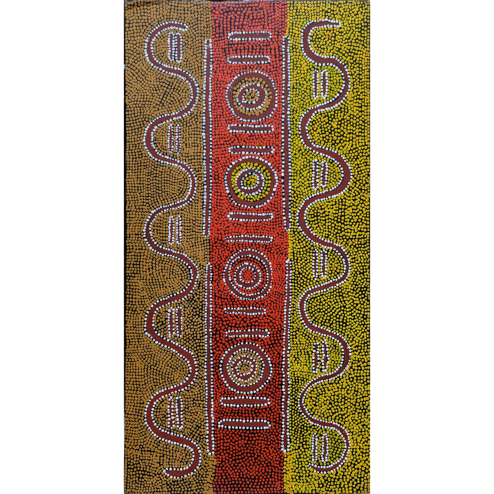 Biddy Nabaljarri, Snakes Dreaming, 1998, synthetic polymer paint on canvas board, 38 x 76 cm