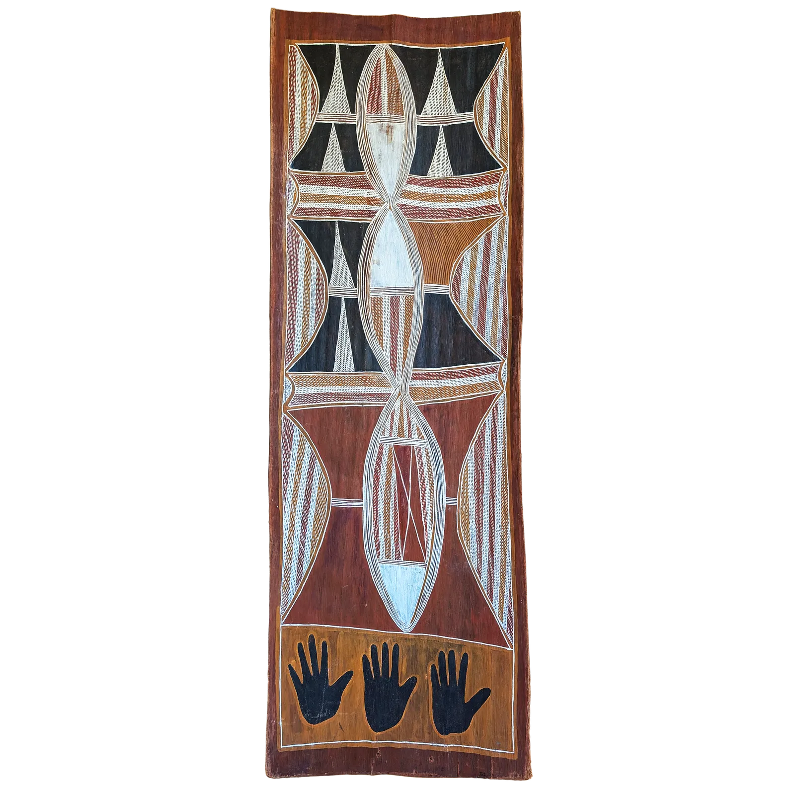 Stephen Wurraki, Whale Bones, 13/9/1988, natural earth pigments on bark, 162 x 58cm