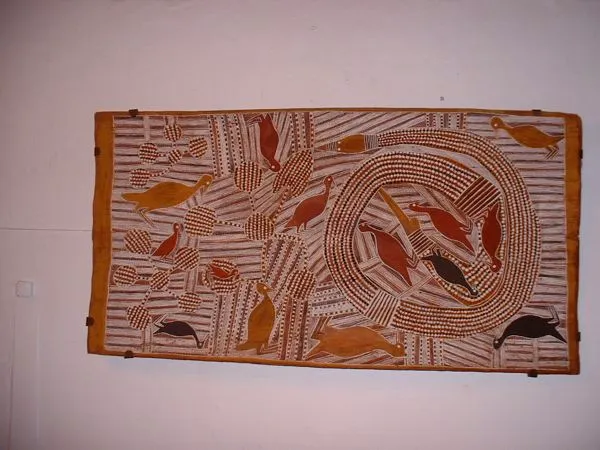 Mithinari Guruwirri, Djeigung Gulpu Snake at Miramina C1958, 0.1958, natural earth pigments on bark, 109cm x 56cm