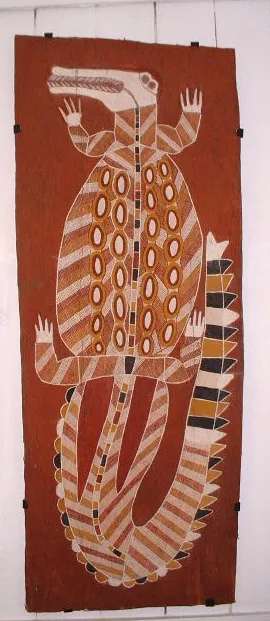 Curly Bargadubu, Saltwater Crocodile, 1978, natural earth pigments on bark, 134 x 53.5 cm