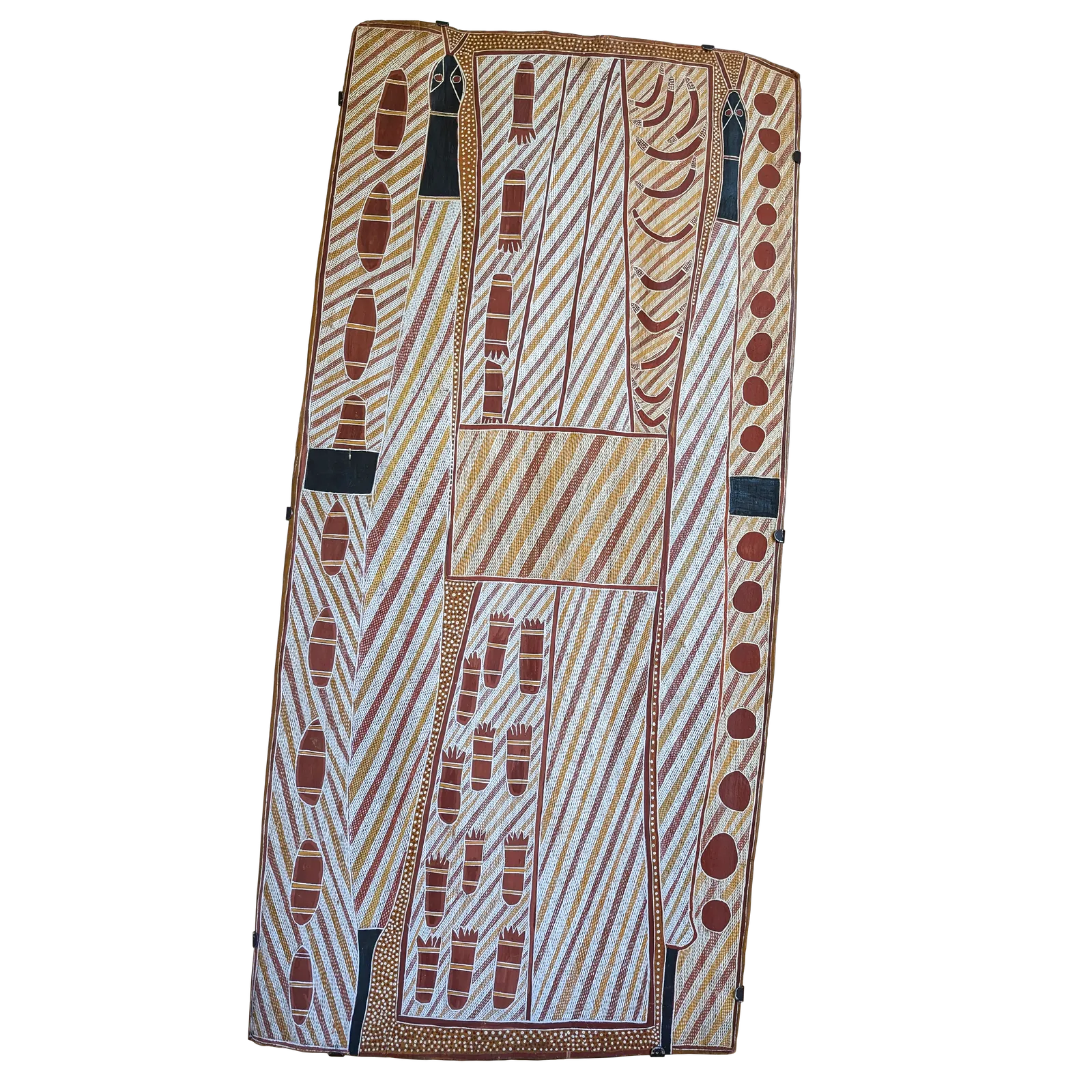 Tom Djumburpur, Wagilag Sisters Story, 1982, natural earth pigments on bark, 155cm x 76cm