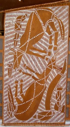Jack Larrangai, Muki and Kolobarr - Wild Dog and Kangaroo, 1988, natural earth pigments on bark, 108 x 56cm
