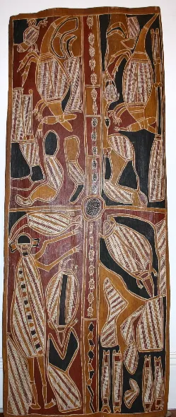 Mick Magani, Wawilag Myth Cycle, 0.1968, natural earth pigments on bark, 145 x 57 cm