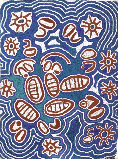 Liddy Nakamarra Nelson, Grass Seed Dreaming, 2000, synthetic polymer paint on canvas, 150 x 120 cm