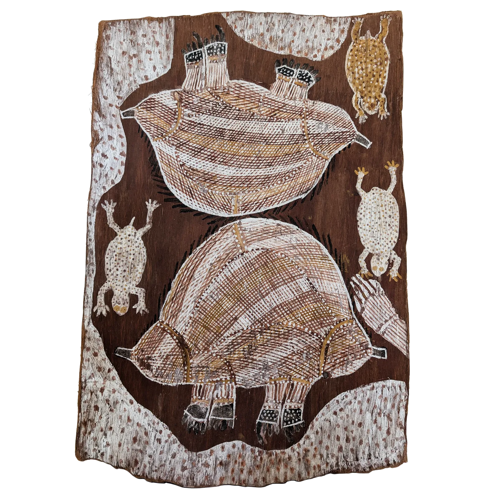 Wally Mandarrk, Echidna and Frog (Rembarrnga Totems), 1984, natural earth pigments on bark, 63 x 44 cm