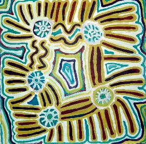 Lily Nungarayi Hargraves, Snake, 2001, synthetic polymer paint on canvas, 119 x 119 cm