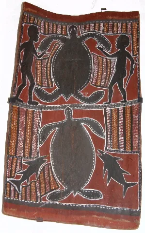 Guwaykuway Wanambi, Turtle Hunting, 1967, natural earth pigments on bark, 53 x 30cm