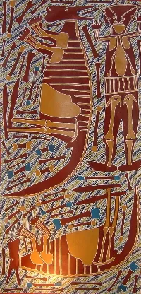 Djambo (Sambo) Burra Burra, Kangaroos and Spirit Hunter, 1996, synthetic polymer paint on canvas, 122 x 250 cm