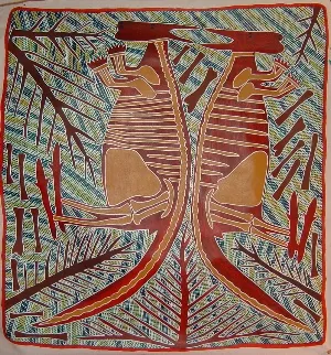 Djambo (Sambo) Burra Burra, Kangaroos, 1996, synthetic polymer paint on canvas, 125 x 131 cm