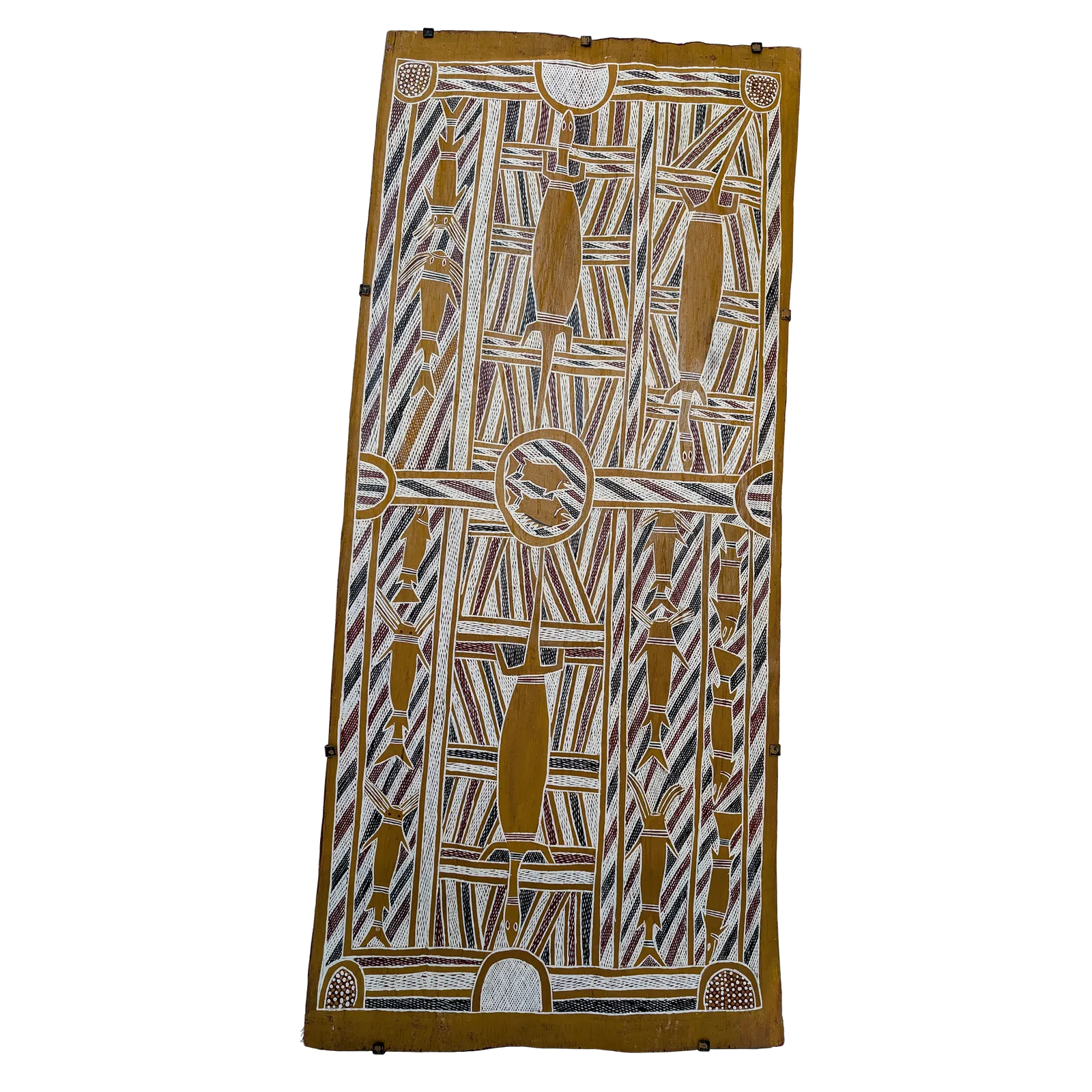 Wilson Ganambarr Manydjarri, Fish, Catfish and Goanna, c.1990, natural earth pigments on bark, 123 x 52 cm