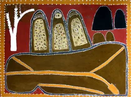 Queenie Nakarra McKenzie, Three Sisters - Blue Mountains, 1997, natural earth pigments on canvas, 90 x 120 cm