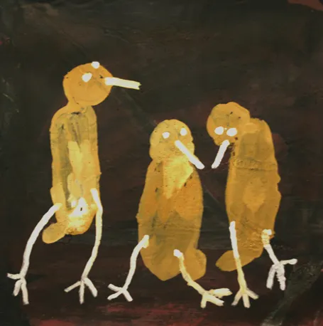 Patsy Anguburra Lulpunda, Three Yellow birds, 2000, natural earth pigments on canvas, 66 x 65 cm