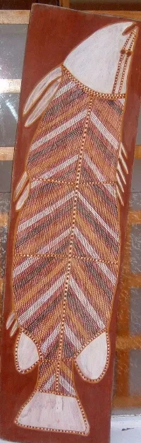 Brian Nyinawangu, Saratoga, natural earth pigments on bark, 81 x 22cm