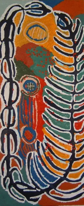 Lorna Naparrula Fencer, Yarla-Bush potato, 2002, synthetic polymer paint on canvas, 79.5 x 185 cm