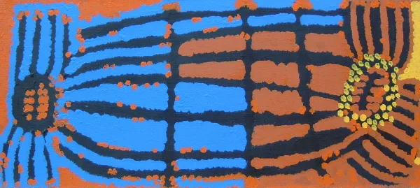 Lorna Naparrula Fencer, Yarla-Bush Potato, 2001, synthetic polymer paint on canvas, 38 x 84 cm
