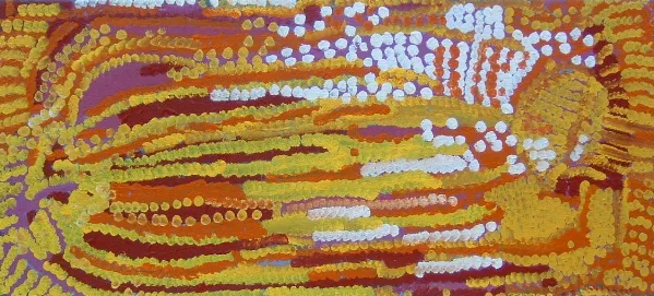 Lorna Naparrula Fencer, Yarla-Bush potato, 2002, synthetic polymer paint on canvas, 38 x 84 cm