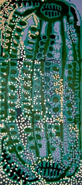 Lorna Naparrula Fencer, Yarla-Bush potato Tryptych, 2002, synthetic polymer paint on canvas, 60 x 45cm each