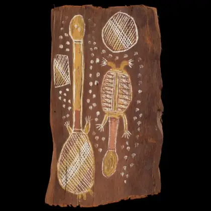 Artist Once Known, Totemic Sea Creatures, c.1930s, natural earth pigments on bark, 22 x 38 cm bark