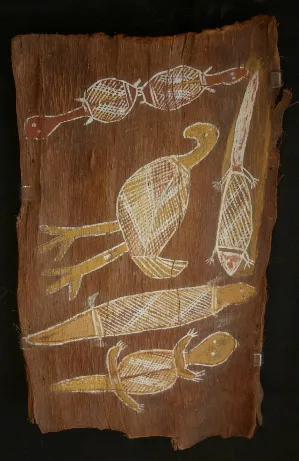 Guwaykuway Wanambi, Totemic Sea Creatures, 0.193, natural earth pigments on bark, 49 x 25 cm