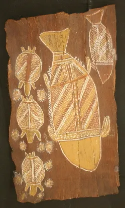 Guwaykuway Wanambi, Totemic sea creatures, 54 x 28 cm bark