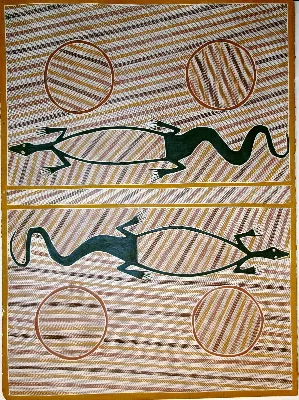 Terry Ngamandara Wilson, Goannas at Waterhole, 2000, natural earth pigments on paper, 56x 76 cms