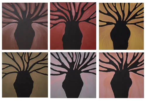 Peggy Patrick, Boab Tree’s, 2009, synthetic polymer paint on Belgian linen, 101 x 101 cm x 6 panels
