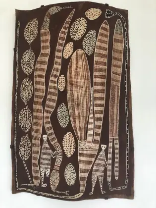 Mick Kubarkku, Mimi Spirits and File Snakes, natural earth pigments on bark, 77 x 48 cm