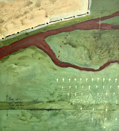 Annabel Nowlan, Breeding Season, 2024, mixed media on old tarpaulin on ply, 60 x 55 cm