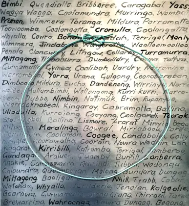 Annabel Nowlan, Naming Rites, 2018, mixed media on aluminium on ply, 60 x 55 cm