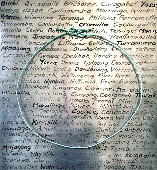 Annabel Nowlan, Naming Rites, 2018, mixed media on aluminium on ply, 60 x 55 cm