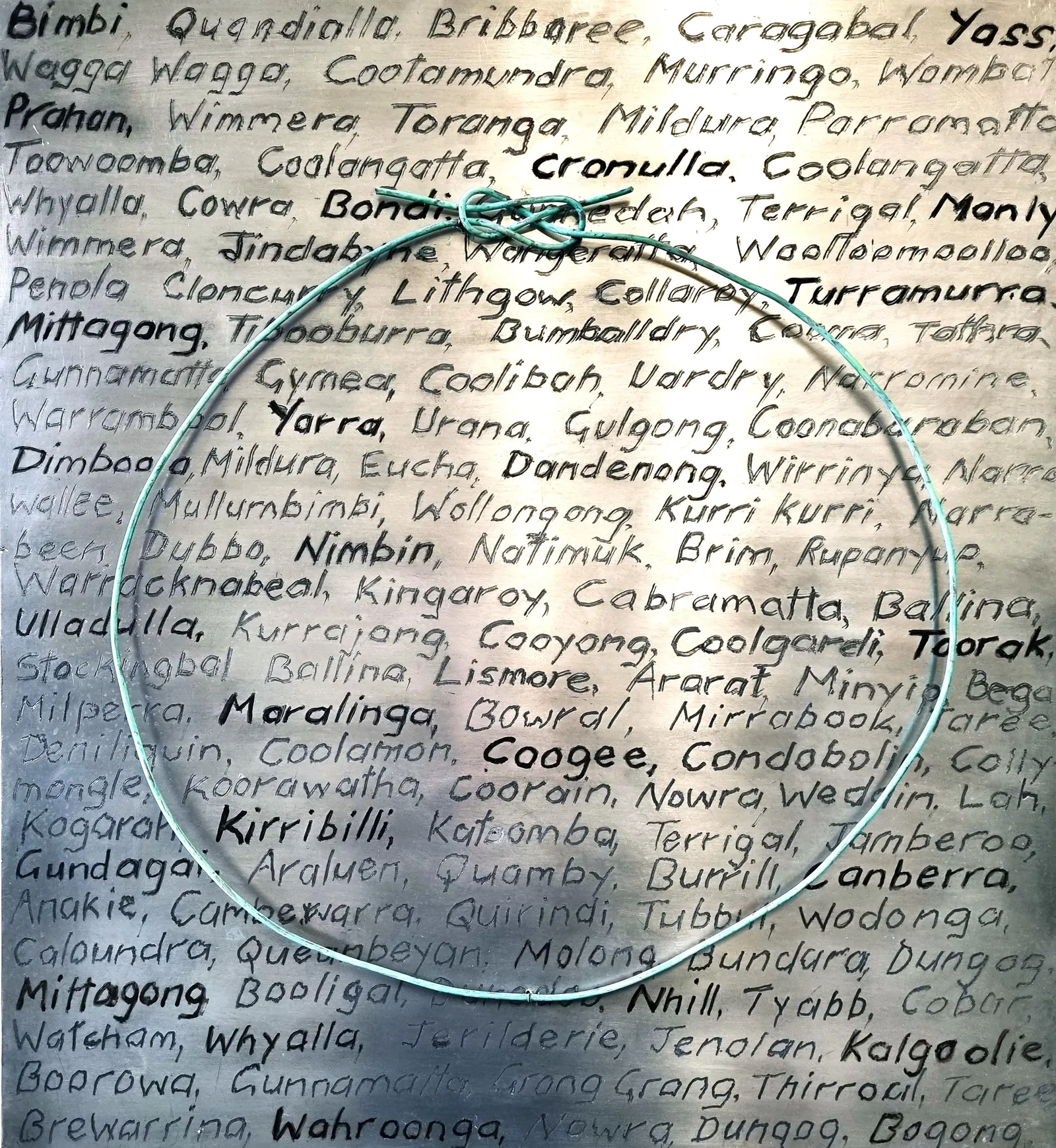 Annabel Nowlan, Naming Rites, 2018, mixed media on aluminium on ply, 60 x 55 cm
