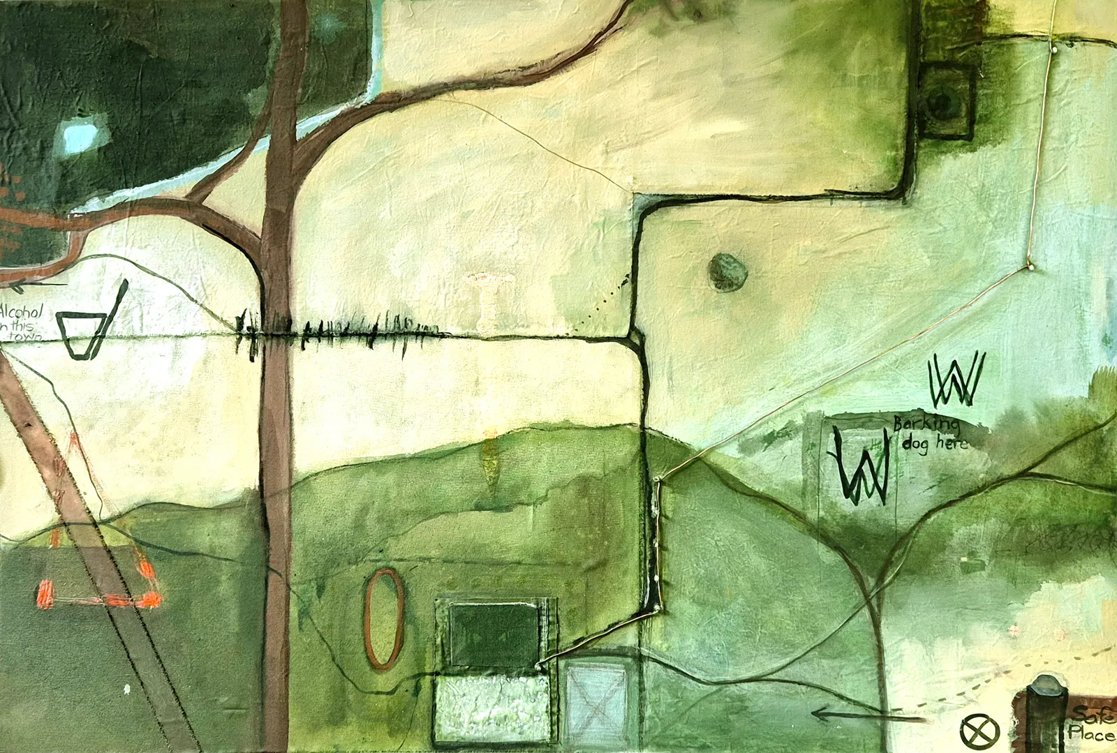 Annabel Nowlan, Quest, swaggie route, 2025, mixed media on old tarpaulin on ply, 84 x 124 cm