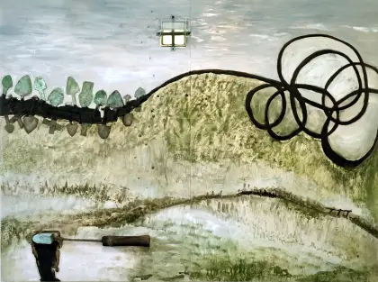 Annabel Nowlan, Problem landscape painting, 2021, oil and mixed media on aluminium on ply, 90 x 122 cm