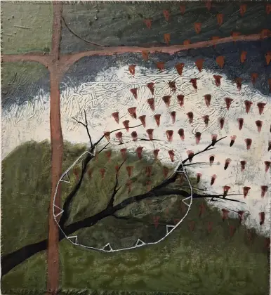 Annabel Nowlan, There was a wetland, 2024, mixed media on tarpaulin on ply, 60 x 55 cm