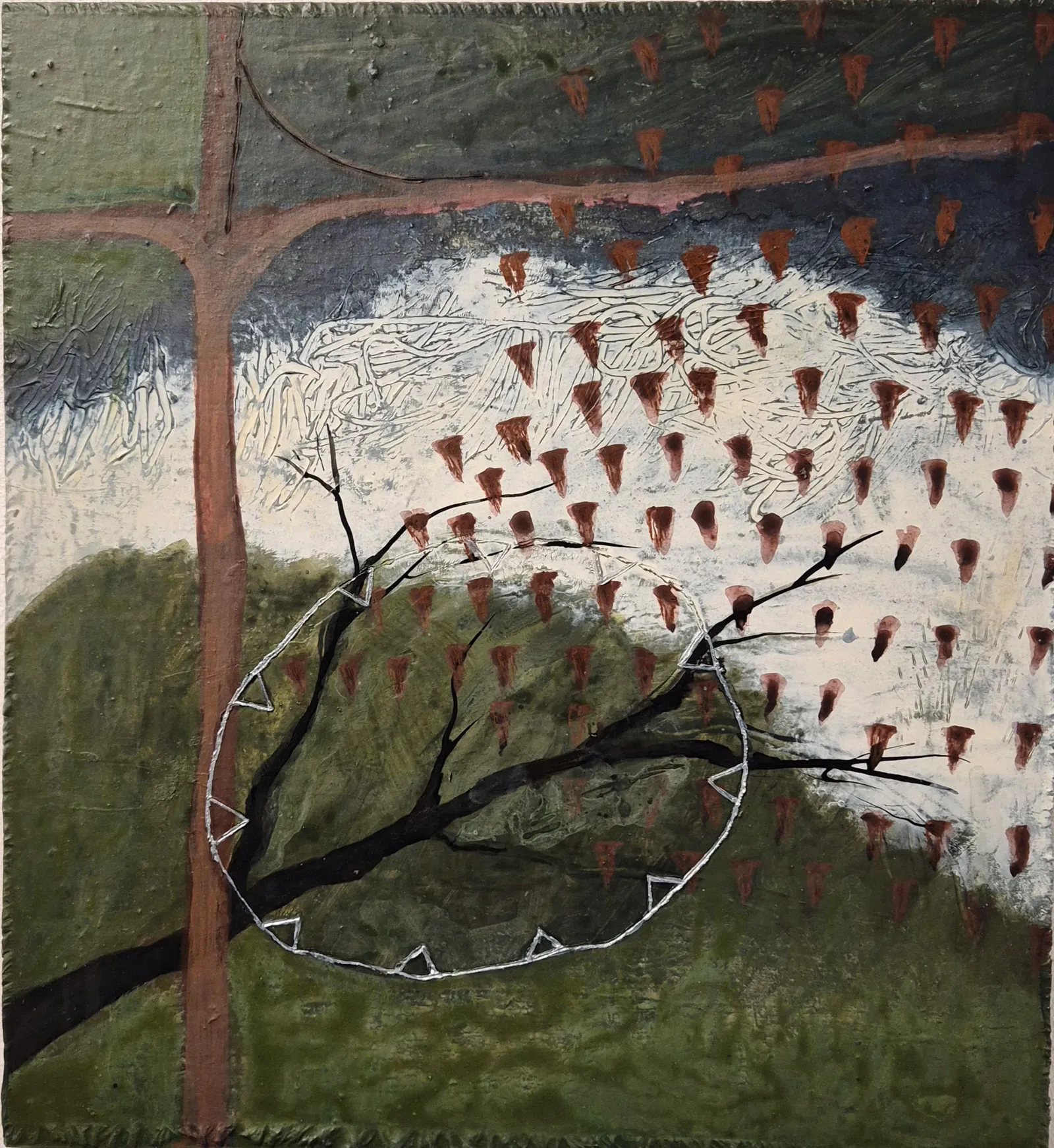 Annabel Nowlan, There was a wetland, 2024, mixed media on tarpaulin on ply, 60 x 55 cm