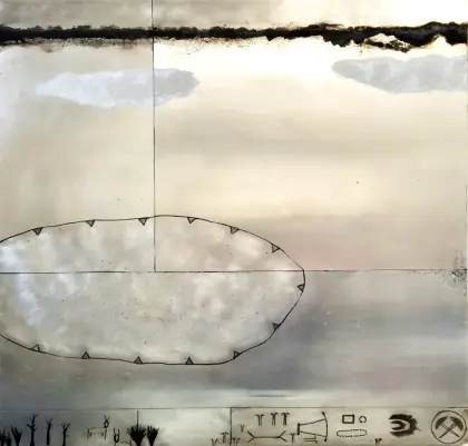 Annabel Nowlan, More unfinished maps, 2024, mixed media on aluminium, 90 x 90 cm