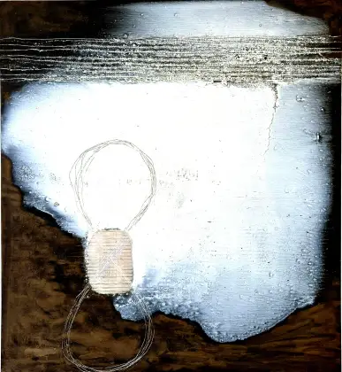 Annabel Nowlan, Inevitable spill, 2023, mixed media on aluminium on ply, 60 x 55 cm