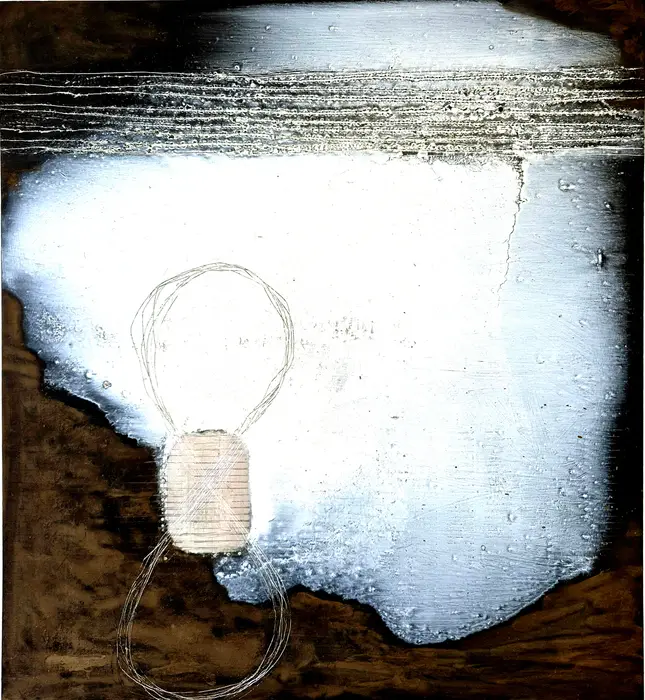 Annabel Nowlan, Inevitable spill, 2023, mixed media on aluminium on ply, 60 x 55 cm