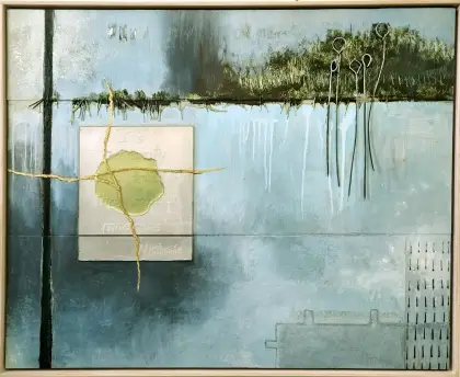 Annabel Nowlan, 'It's certainty, not doubt...', 2021, oil and mixed media on aluminium on ply, 84 x 103 cm