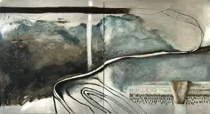 Annabel Nowlan, Slippery slope, 2023, mixed media on aluminium on ply, 60 x 110 cm