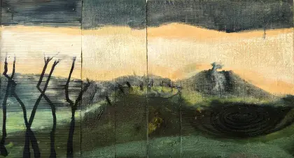 Annabel Nowlan, Perish the thought, 2023, mixed media on hessian on ply, diptych, 60 x 110 cm