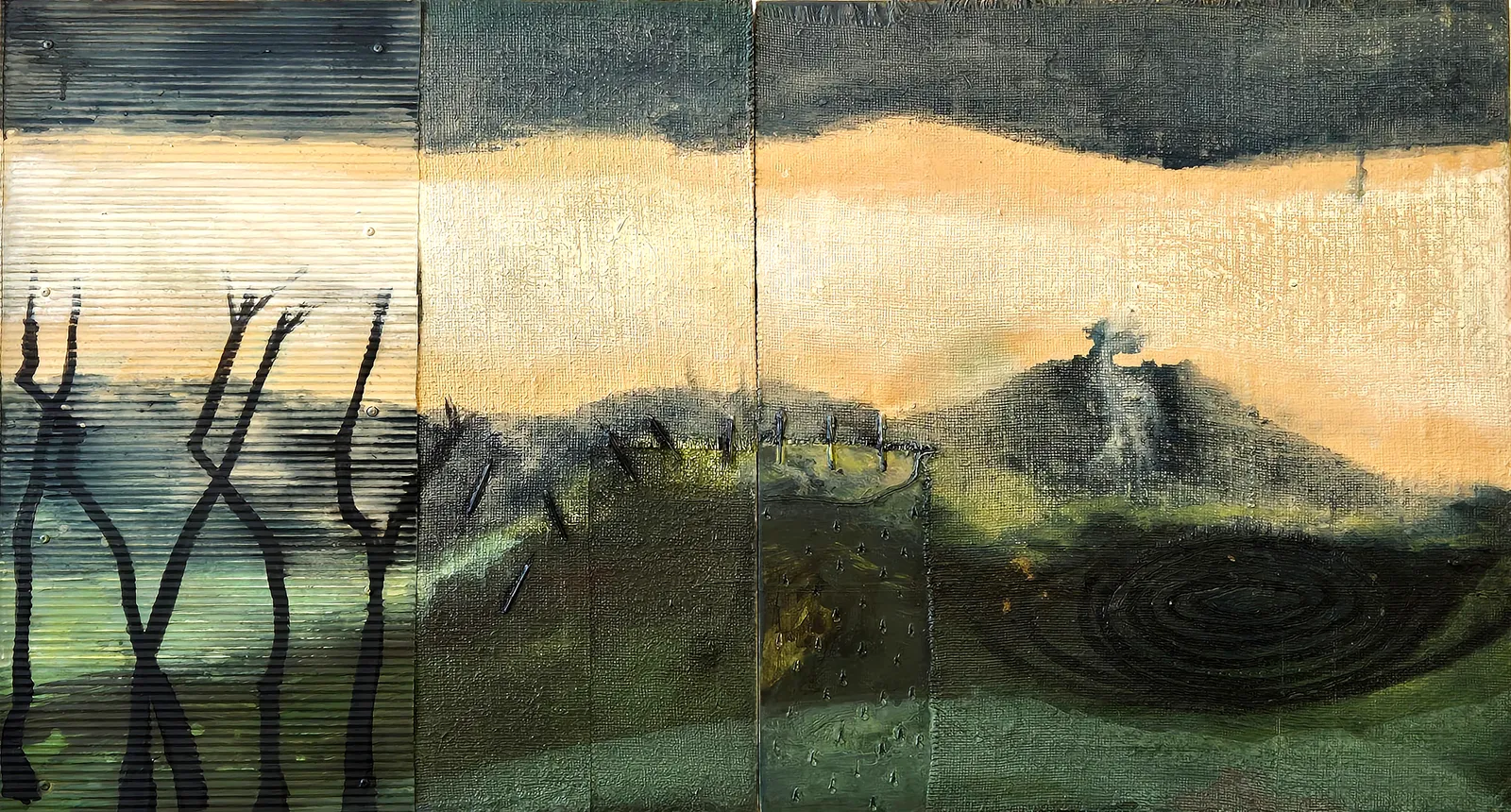 Annabel Nowlan, Perish the thought, 2023, mixed media on hessian on ply, diptych, 60 x 110 cm