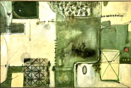 Annabel Nowlan, Ben Hall's Cave Rd, 2025, mixed media on old tarpaulin on ply, 84 x 124 cm