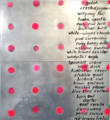 Annabel Nowlan, Bimbi Birds, 2018, mixed media on aluminium, 60 x 55 cm