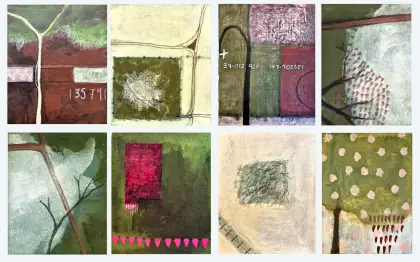 Annabel Nowlan, Genius loci series (x9), 2022-24, mixed media on tarpaulin panel, 30 x 25 cm