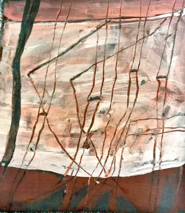 Annabel Nowlan, Parched gully, 2022, mixed media on old tarpaulin, 50 x 43 cm