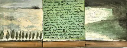 Annabel Nowlan, Whoop Whoop, 2017, mixed media on old weatherboard on ply, 17 x 44 cm